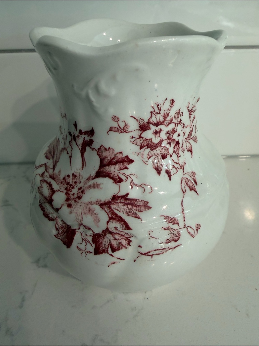 White Ceramic Vase with Burgundy Floral Transfer Accent